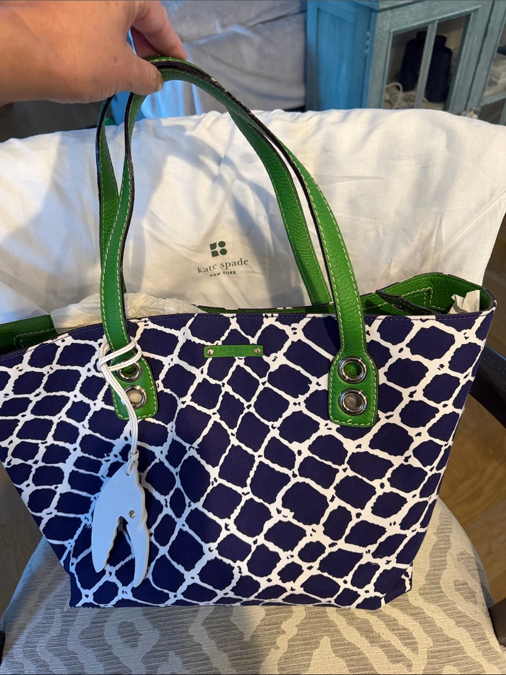 kate spade Navy & White Pattern Tote with Green Leather Handles